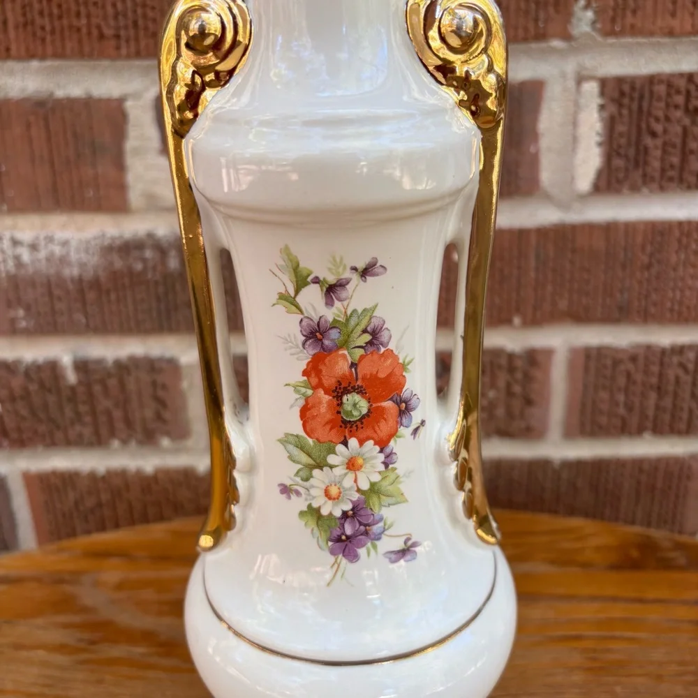Vintage Hand Painted Porcelain Flower Lamp Base ONLY Golden accents